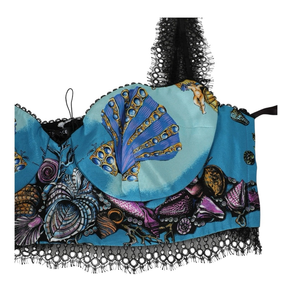 Versace Blue Multi-color Seashell Print Crop Top with Black Lace EU Size 44 - Picture 7 of 13